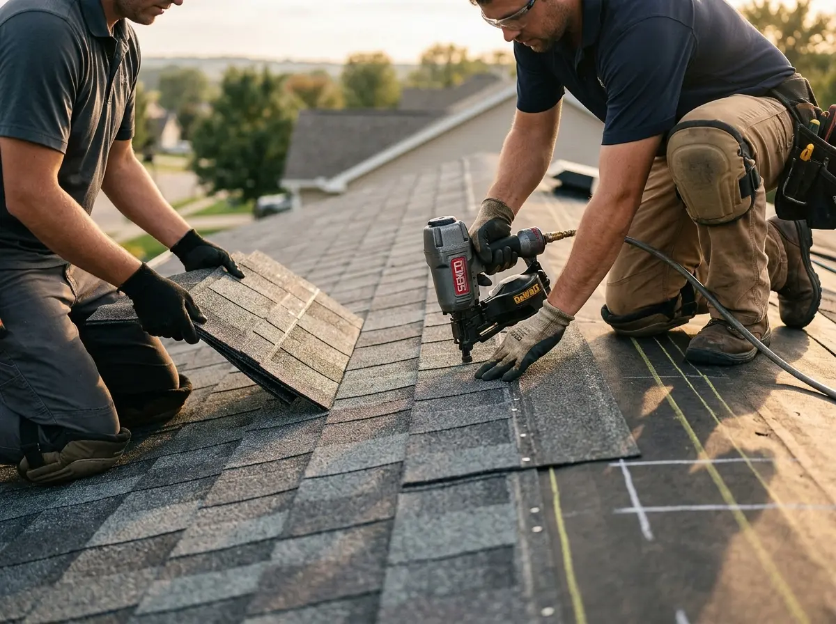 Professional roofer working on a residential roof in Mayfair